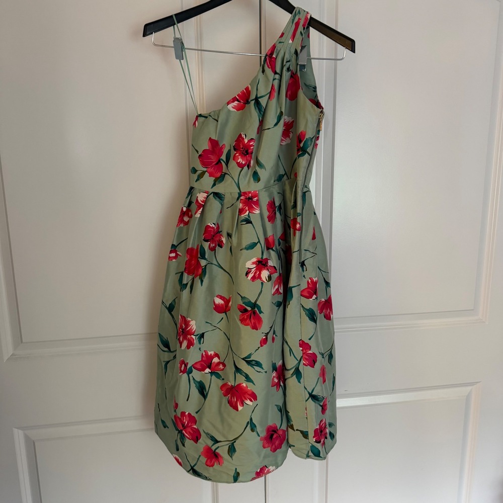 Express One Shoulder Floral Cocktail Dress Sage Green Red Size 4 100% silk